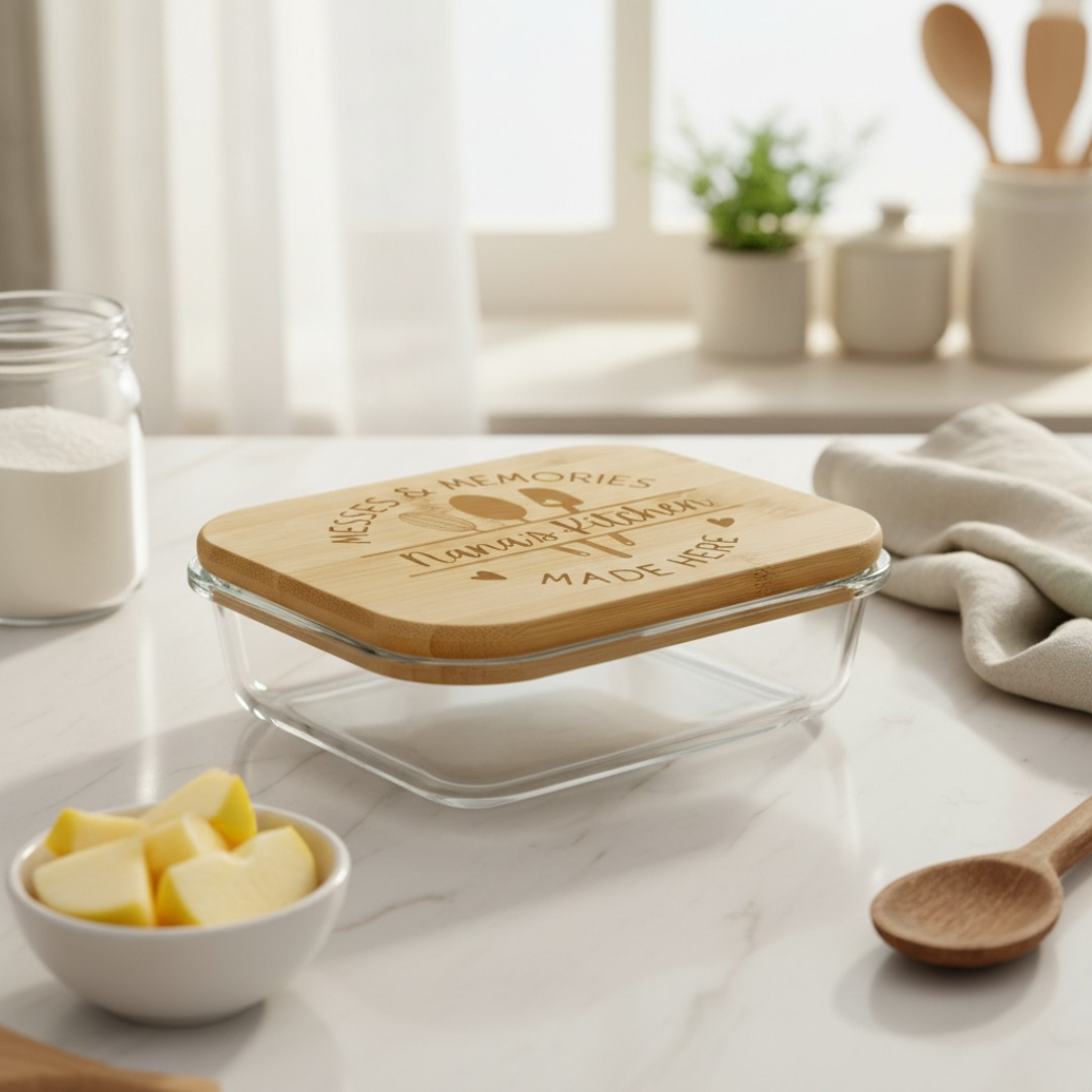 Glass food storage container with bamboo lid engraved with sample text "HAPPY MEMORIES" and decorative leaf design, displayed on kitchen counter.