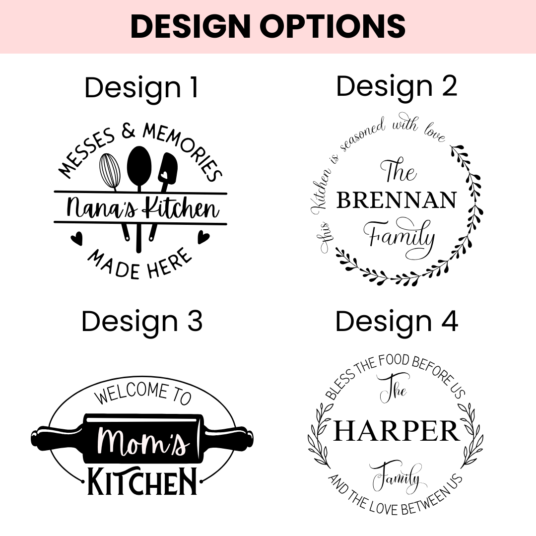 Grid showing four personalized engraving design options for glass containers, including kitchen-themed designs with sample names like "Nana's Kitchen," "Brennan Family," "Mom's Kitchen," and "Harper Family