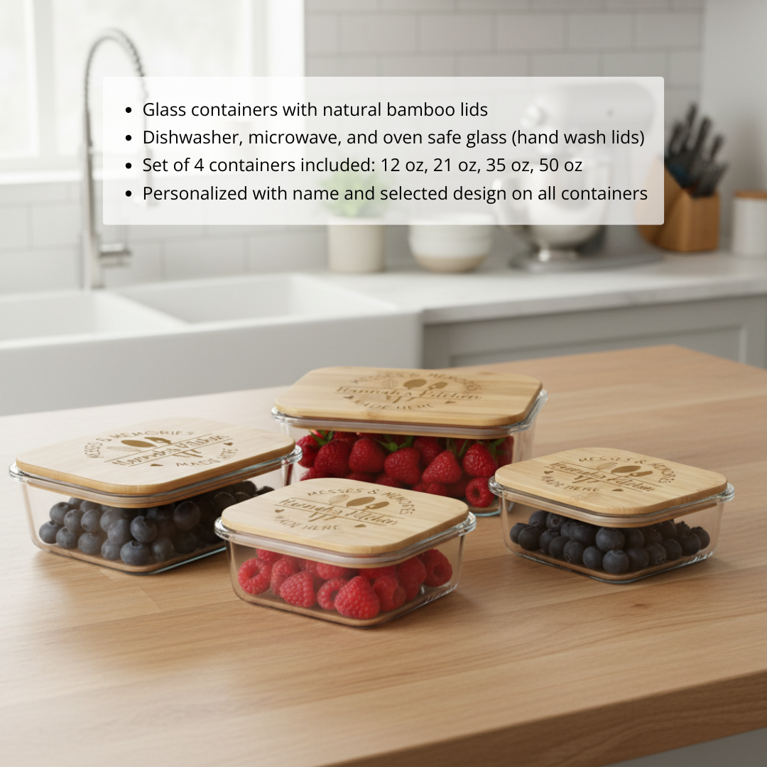 Four glass storage containers with engraved bamboo lids displayed on wooden counter, filled with raspberries and blueberries, showing sample personalization and decorative designs