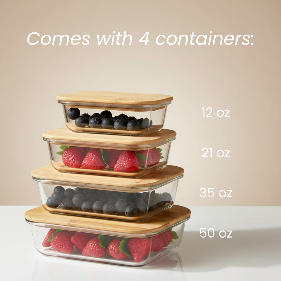 Four stacked glass food storage containers with bamboo lids in 12 oz, 21 oz, 35 oz, and 50 oz sizes, filled with blueberries and raspberries.