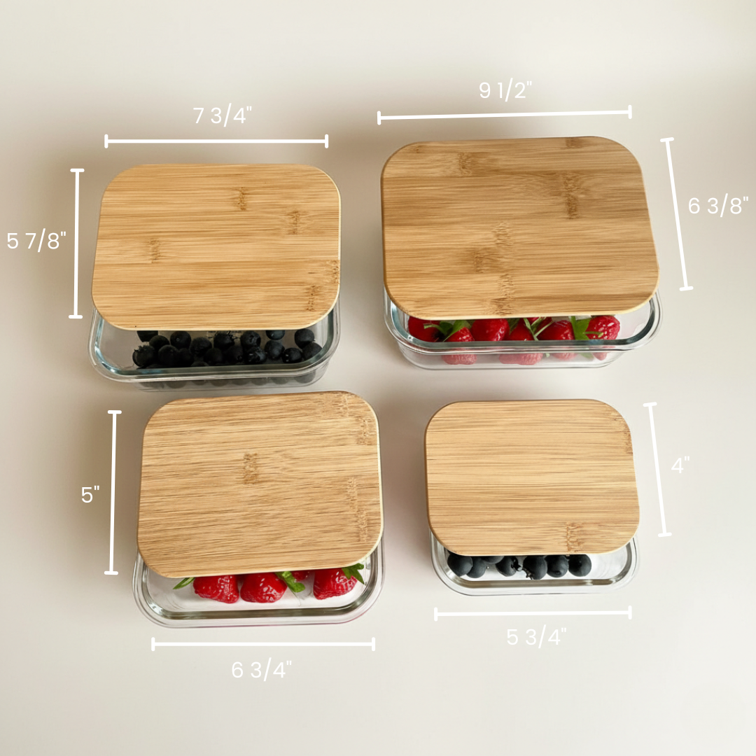 Four glass food storage containers with bamboo lids displayed with dimension measurements, ranging from 5 to 9.5 inches wide and 4 to 6.3 inches tall