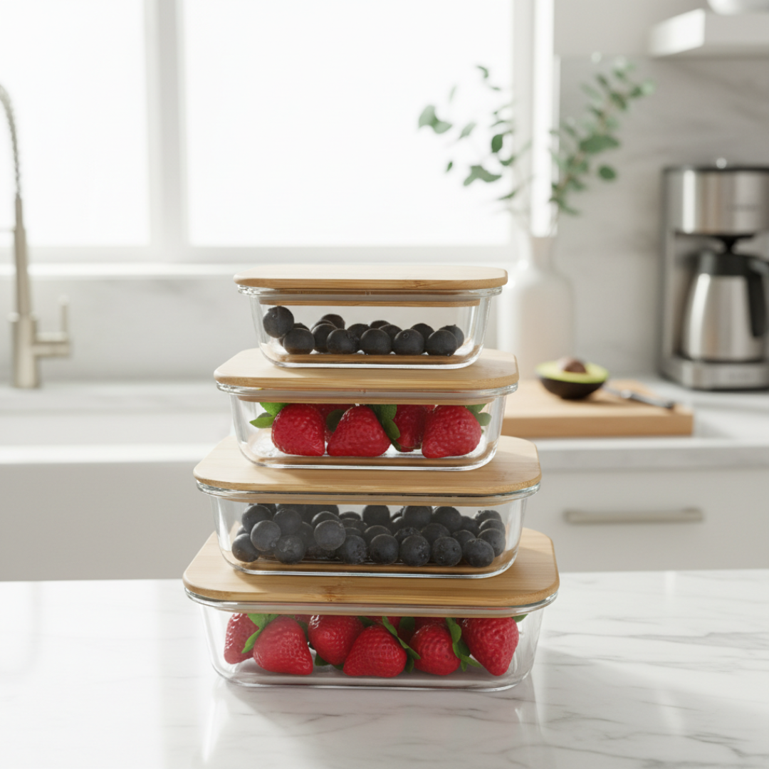 Stacked glass food storage containers with bamboo lids filled with raspberries and blueberries, displayed on a kitchen counter near a window.