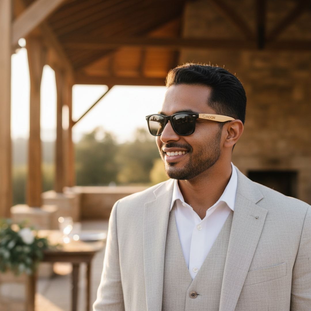 Man wearing black-framed sunglasses with wood grain temples engraved with sample text "GROOM" in an outdoor venue setting.