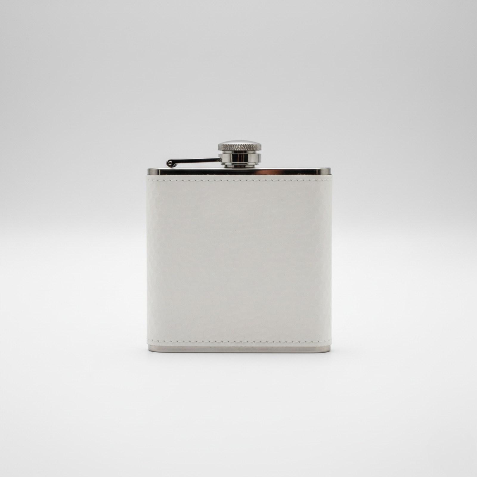 Cream leather flask with stainless steel cap and hinged closure, shown against neutral background