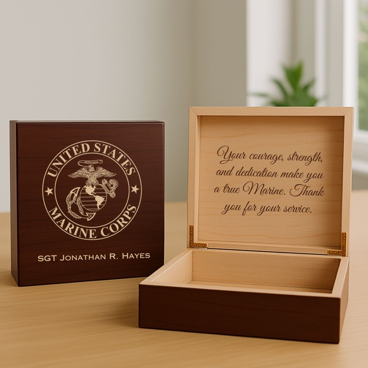 Wooden Marine Corps keepsake box with engraved emblem, custom name, and message