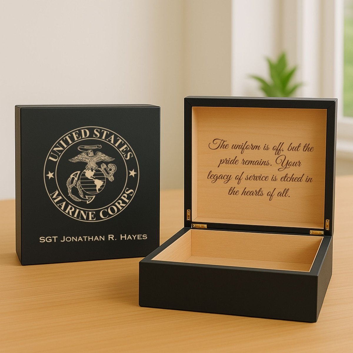 Wooden Marine Corps keepsake box with engraved emblem, custom name, and message
