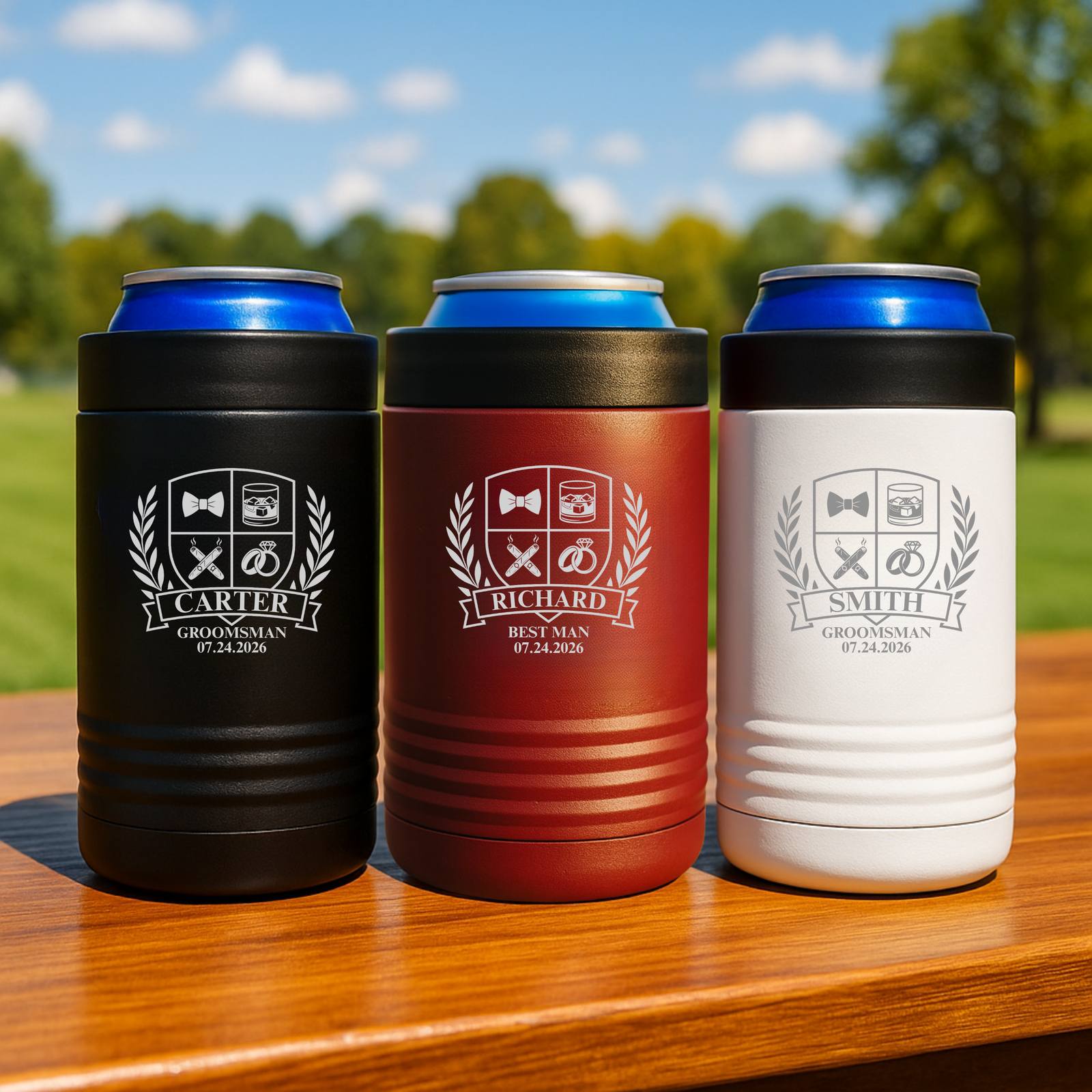 Custom engraved wedding koozie in black with name, role, and crest