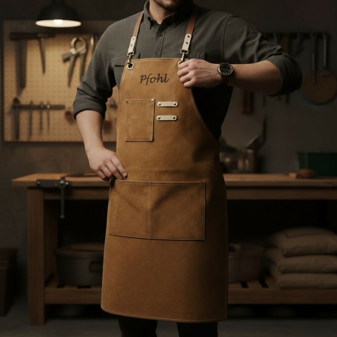 Tan leather apron with personalized engraving reading "Pfohl" on chest, worn by man in workshop setting with tool storage pockets visible