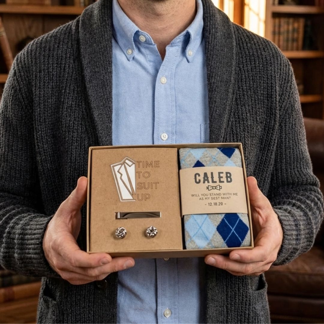 Man holding open kraft gift box containing personalized proposal card with sample name "Caleb" and "Will you stand with me as my best man" text, paired with blue and gray argyle socks, silver cufflinks, and tie clip.