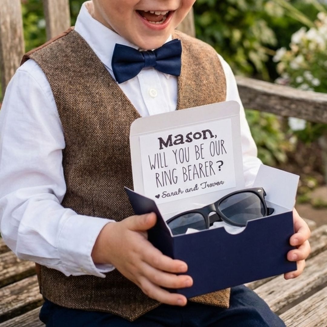 Child holding open navy gift box containing black sunglasses and sample card reading "Mason, WILL YOU BE OUR RING BEARER? Sarah and Trevon