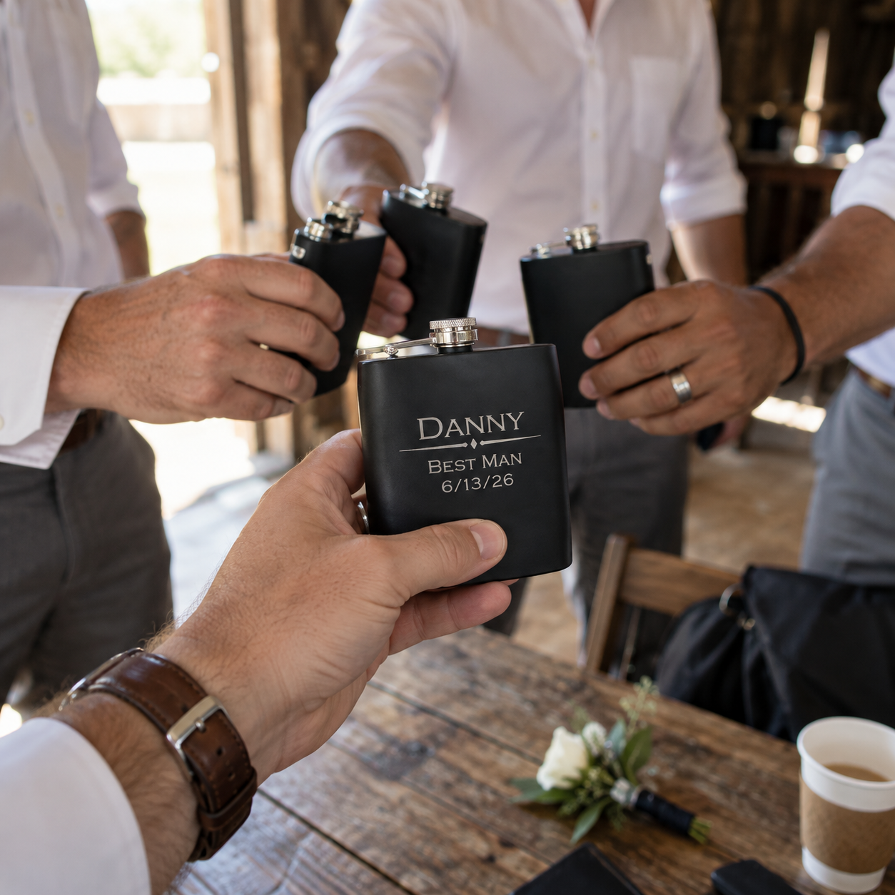 Four groomsmen in white shirts toast with matte black Tin Diesel flasks on the wedding morning, the front flask engraved Danny, Best Man and 6/13/26