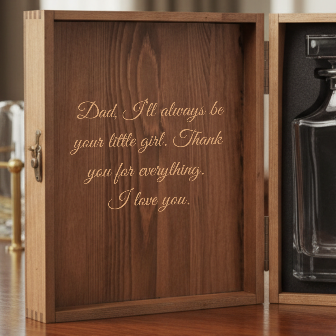 Wooden decanter box with engraved sample message "Dad, I'll always be your little girl. Thank you for everything. I love you." in cursive script
