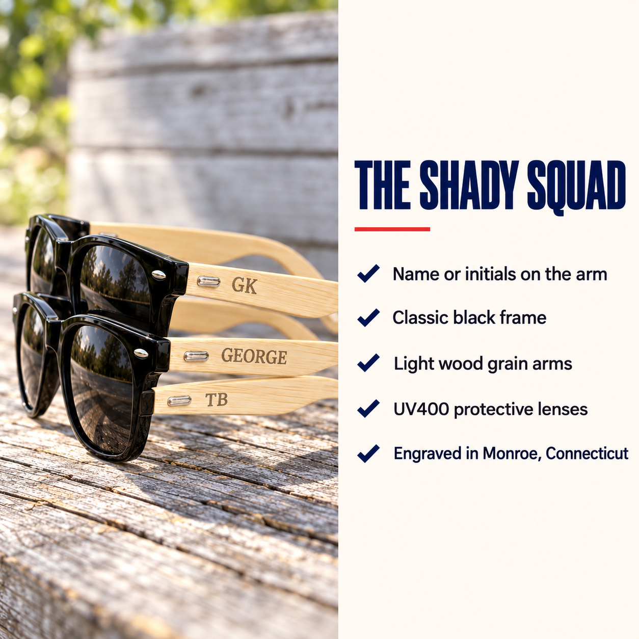 Shady Squad sunglasses details: black frames with light wood grain arms engraved GK, GEORGE and TB, UV400 protective lenses, a set for the wedding party