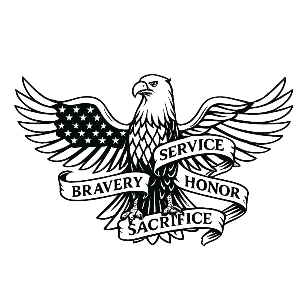 Whiskey glass with engraved eagle, American flag, and “Service, Bravery, Honor, Sacrifice” design