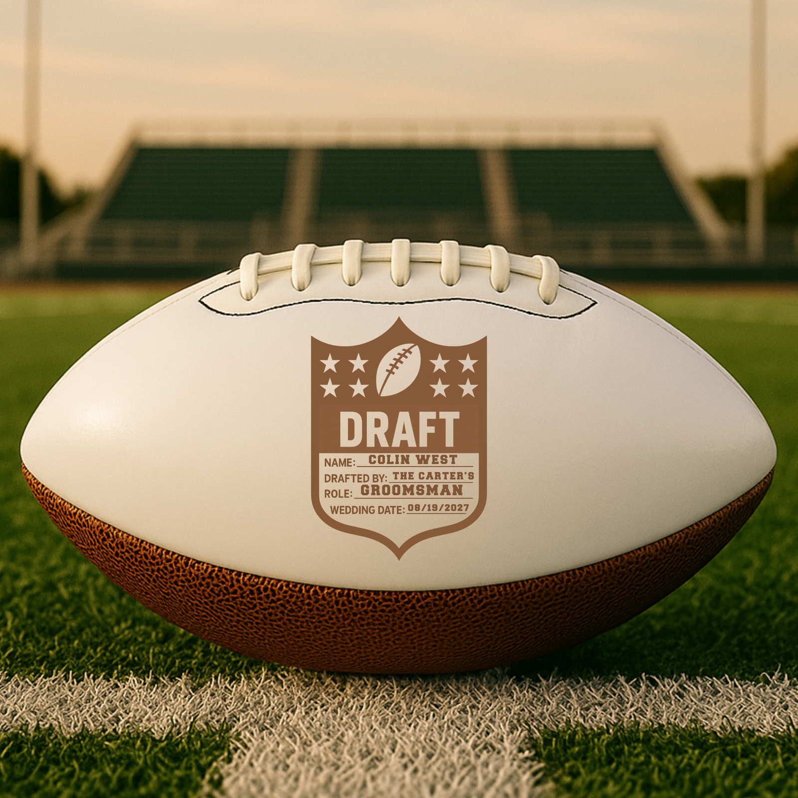 Draft-style personalized football groomsmen proposal with engraved design