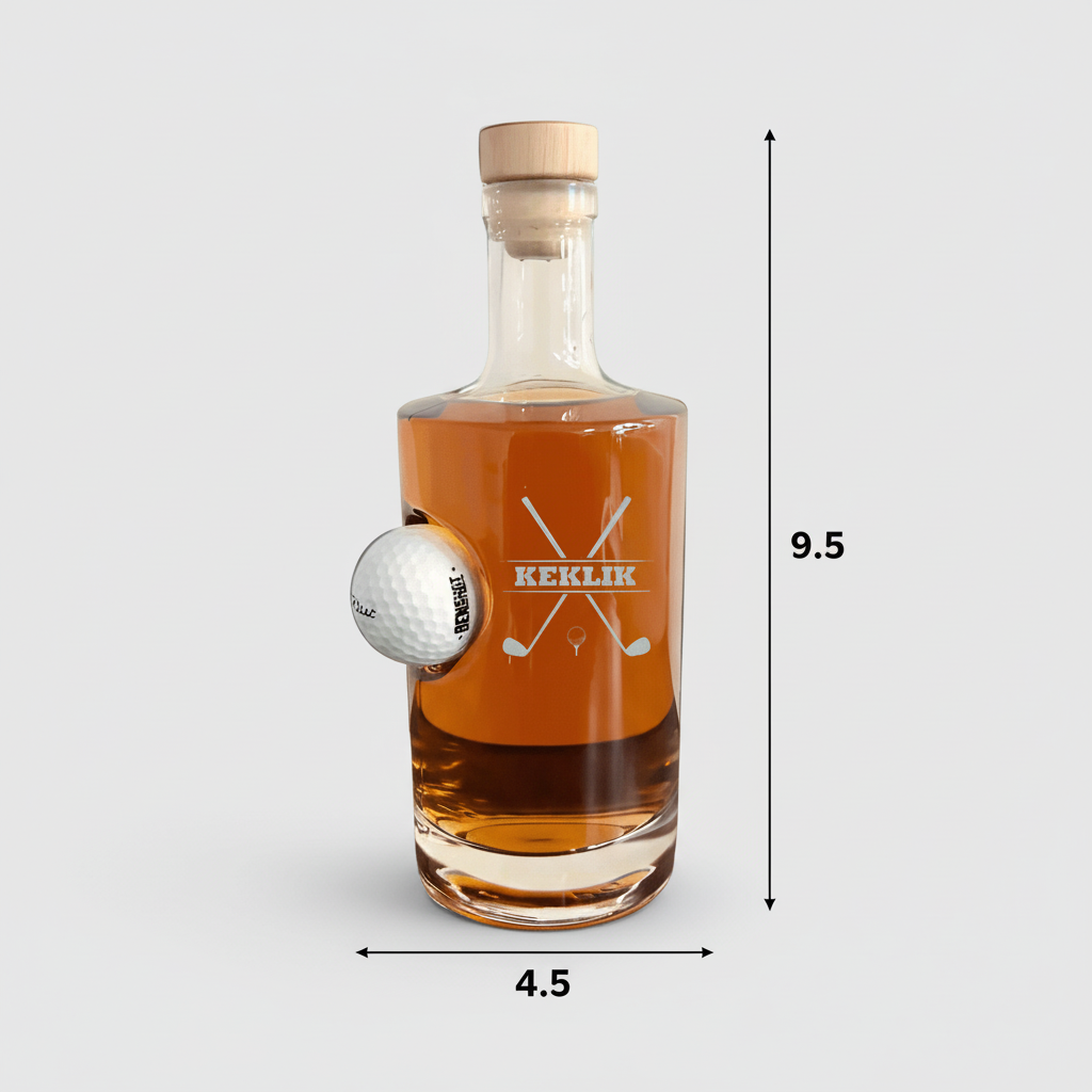 Clear glass decanter with wood stopper filled with amber liquid, engraved with sample name "KEKLIK" and crossed golf clubs design, embedded golf ball on side, dimensions shown as 9.5 inches tall by 4.5 inches wide