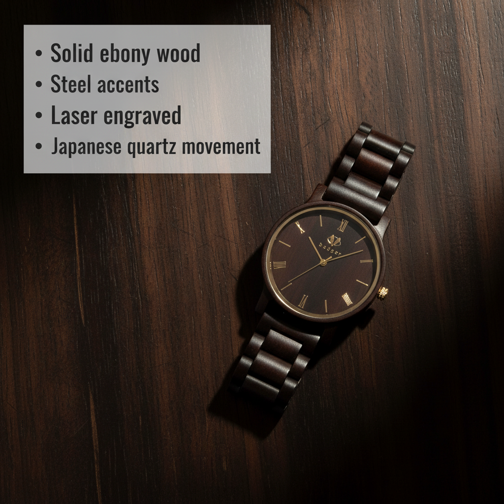 Ebony wood watch with steel accents and Roman numeral dial, displayed on dark wooden surface with spec sheet listing laser engraving and Japanese quartz movement