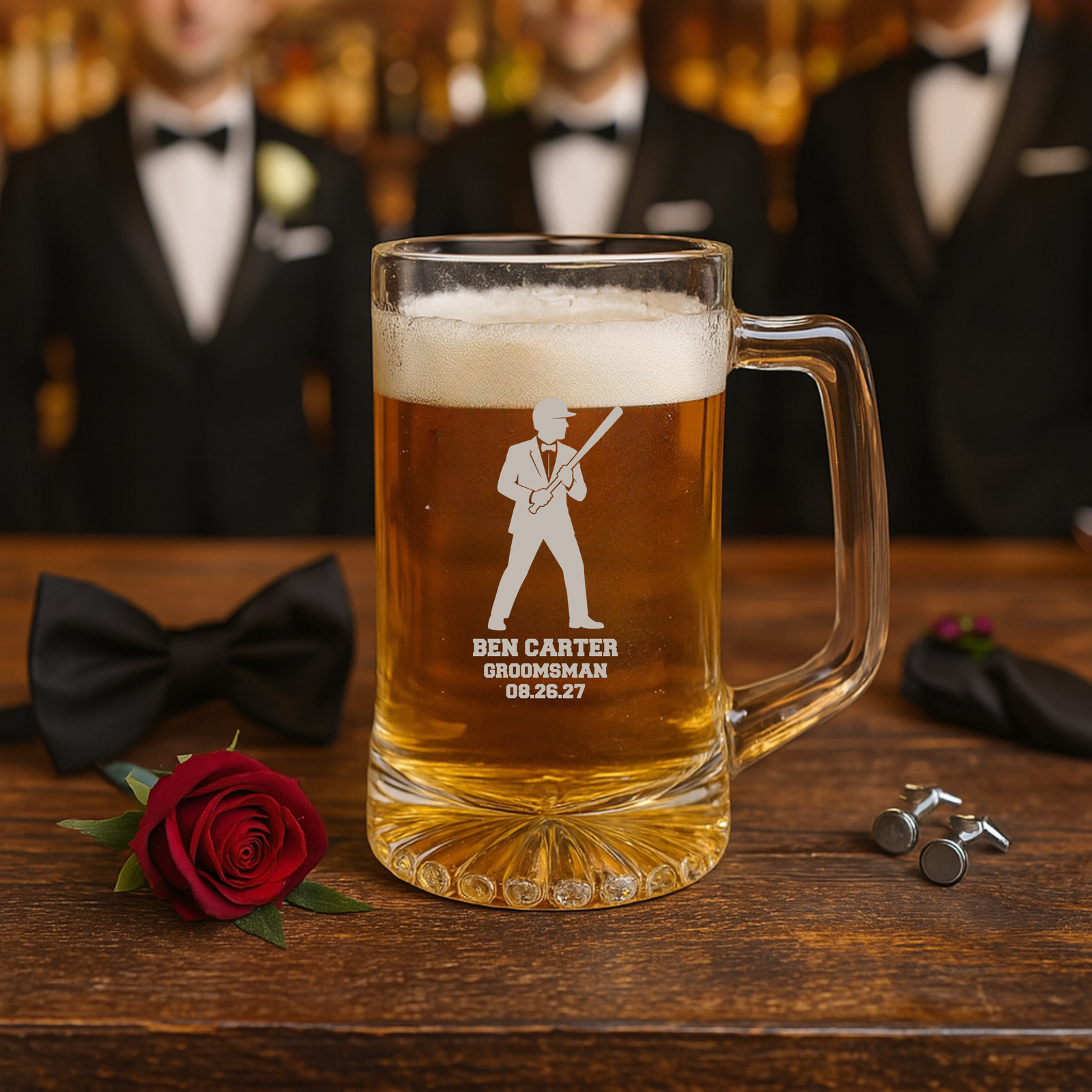Personalized baseball groomsman beer mug with custom name, role, and wedding date