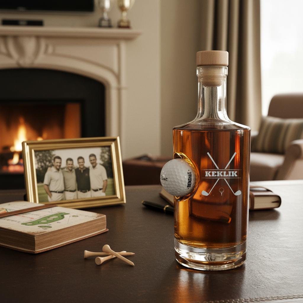 Crystal decanter filled with amber liquid, personalized with sample engraving "KEKLIK" and crossed golf club design, golf ball embedded in side