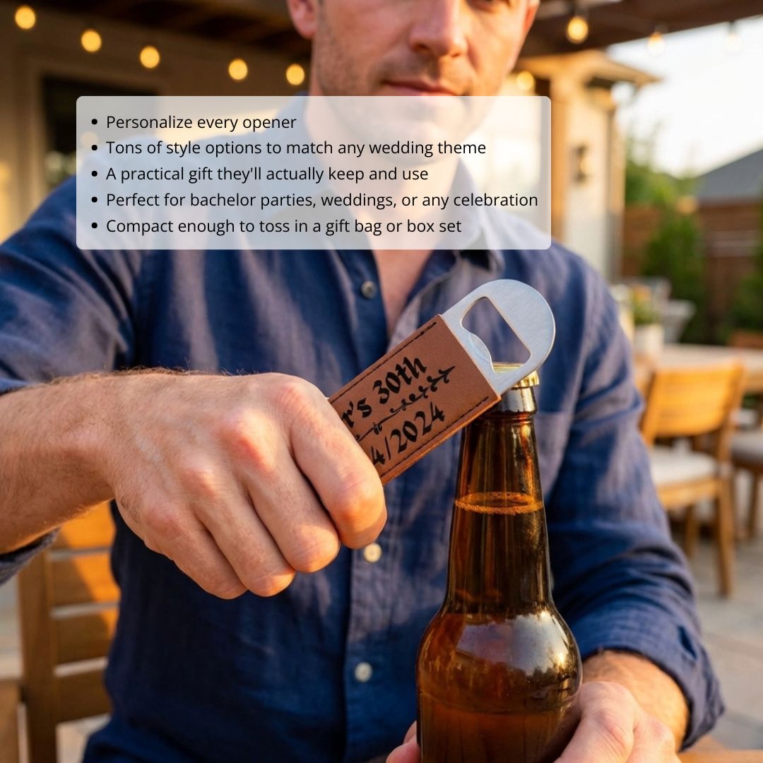 Brown leather bottle opener engraved with sample text "Jake's 30th" and date "4/2024", held in hand opening a beer bottle outdoors