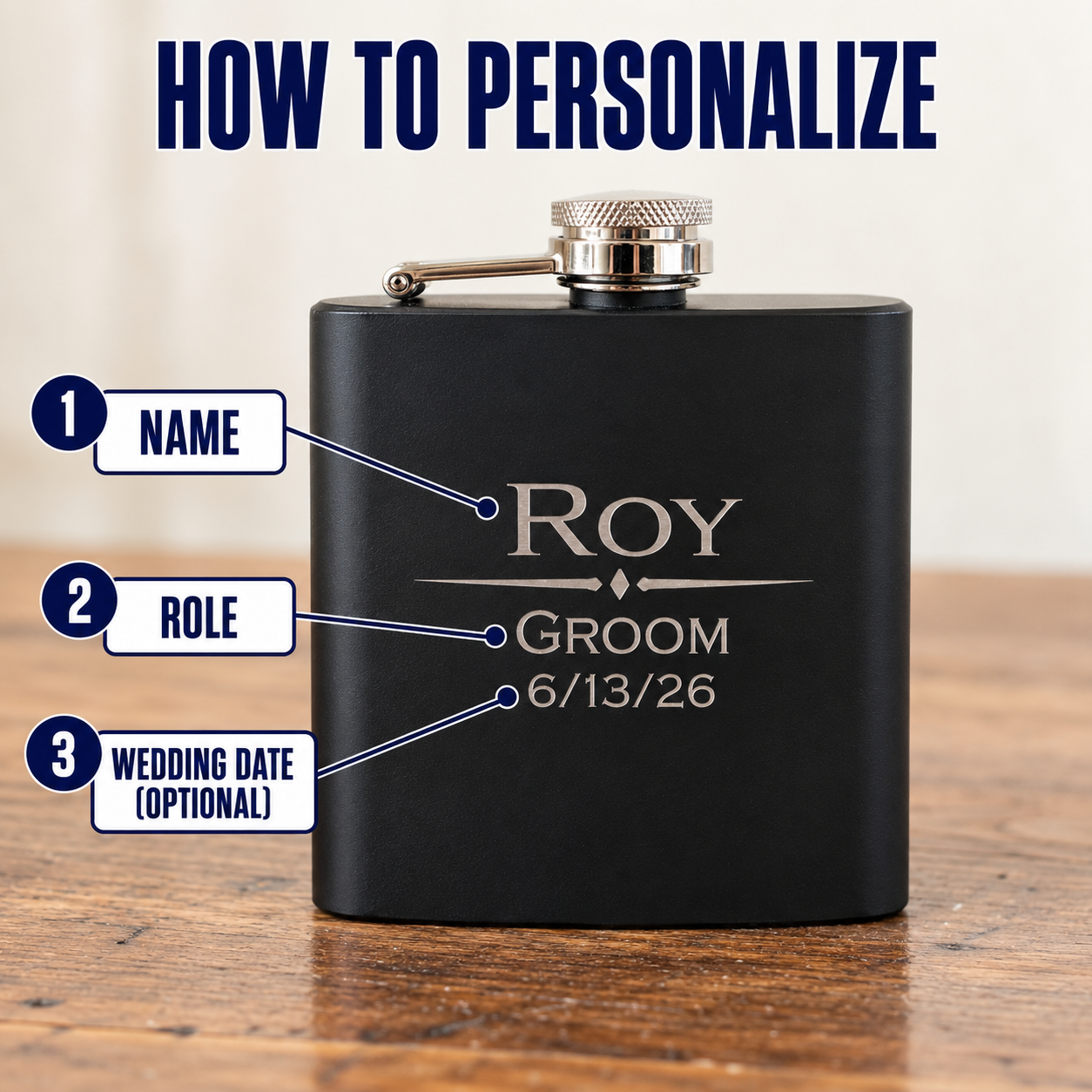 How to personalize the Tin Diesel flask: numbered guide showing where the name, the role and the optional wedding date are engraved on the front