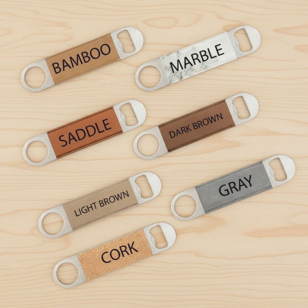 Seven bottle openers displayed showing material and finish options including bamboo, marble, saddle, dark brown, light brown, gray, and cork with white metal ends.