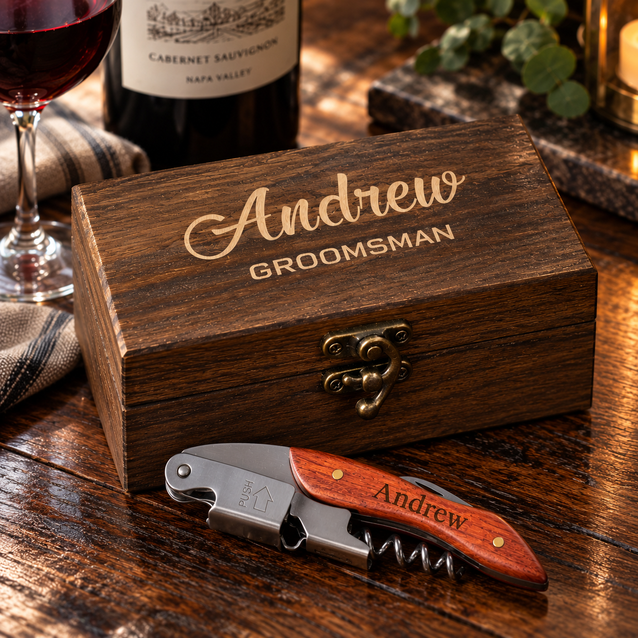 Personalized wooden corkscrew gift set with engraved name 'Andrew Groomsman' on a dark wood box and matching wooden handle, displayed on a wooden table with a wine bottle and glass in the background.