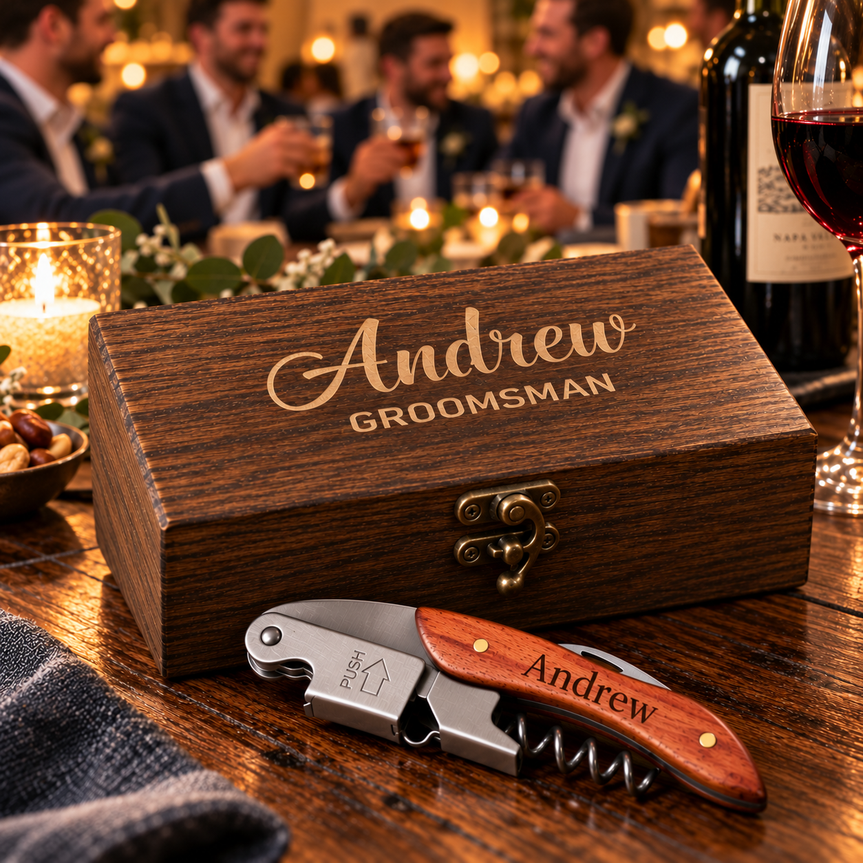 A personalized wooden gift box engraved with 'Andrew Groomsman' sits on a restaurant table, with a matching engraved corkscrew in front. The scene is warmly lit with blurred dinner guests in the background.
