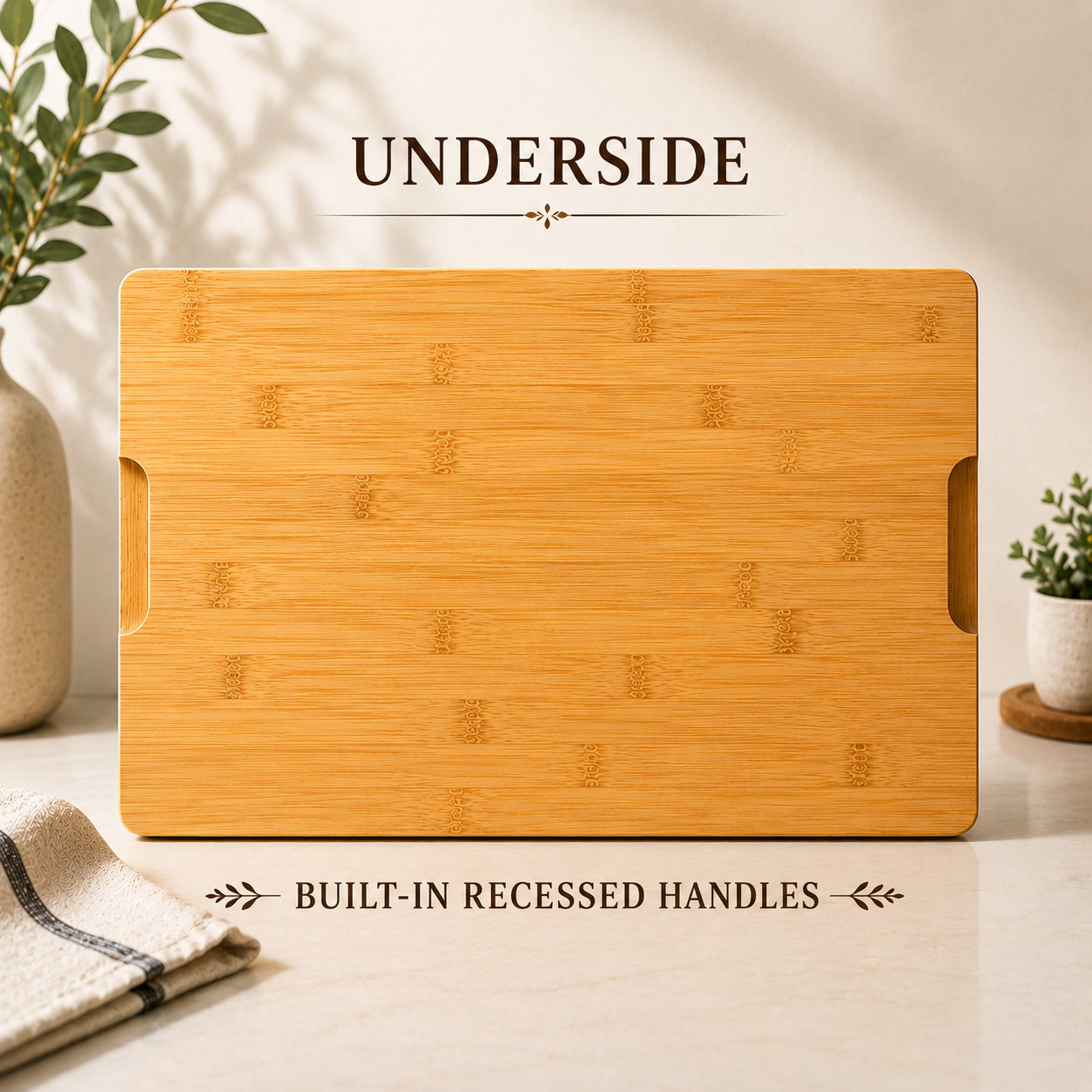 Underside view of the personalized anniversary cutting board, showing the solid bamboo construction and the recessed carrying handles cut into each end.
