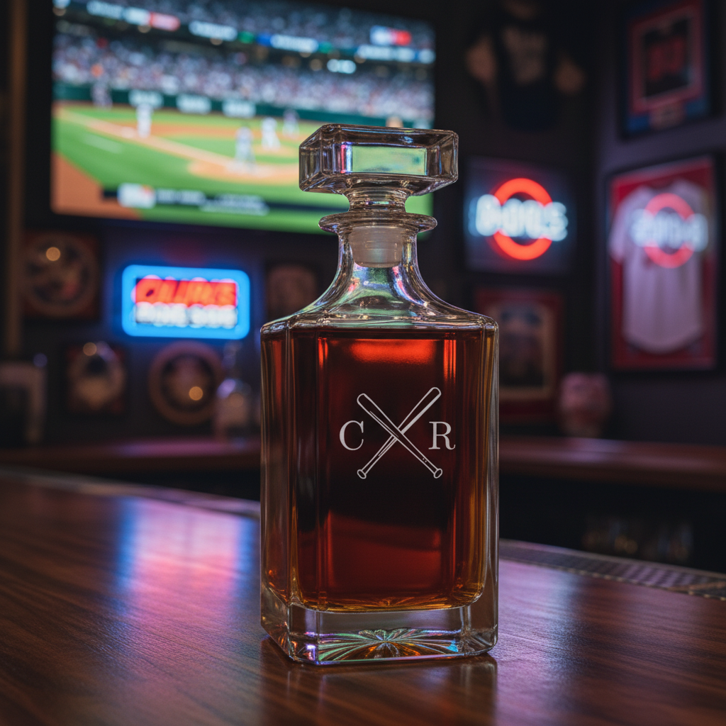 whiskey decanter with monogram on a bar counter with sports-themed decor