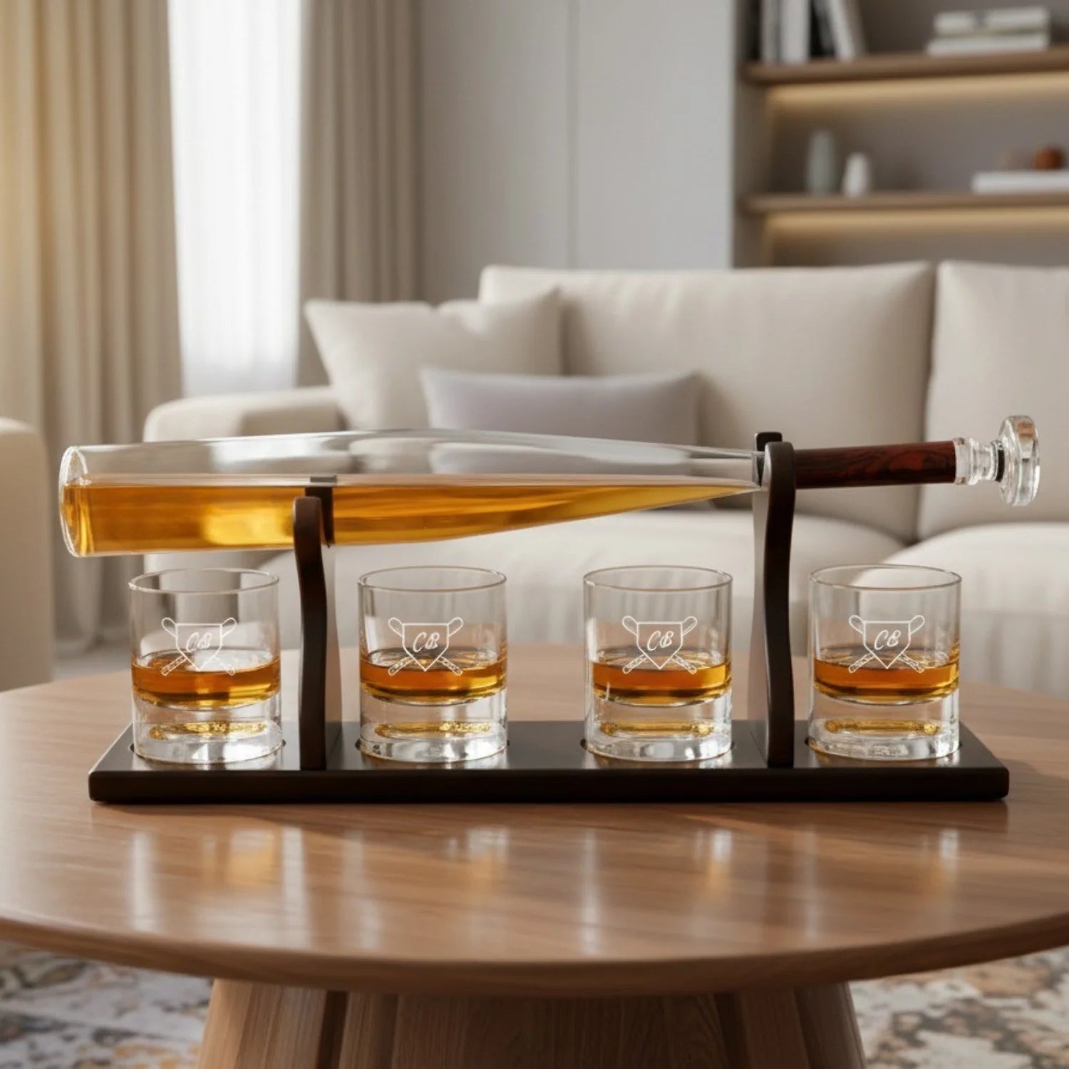 Baseball bat decanter set with four glasses engraved with sample monogram, filled with whiskey on mahogany stand with dark wood handle