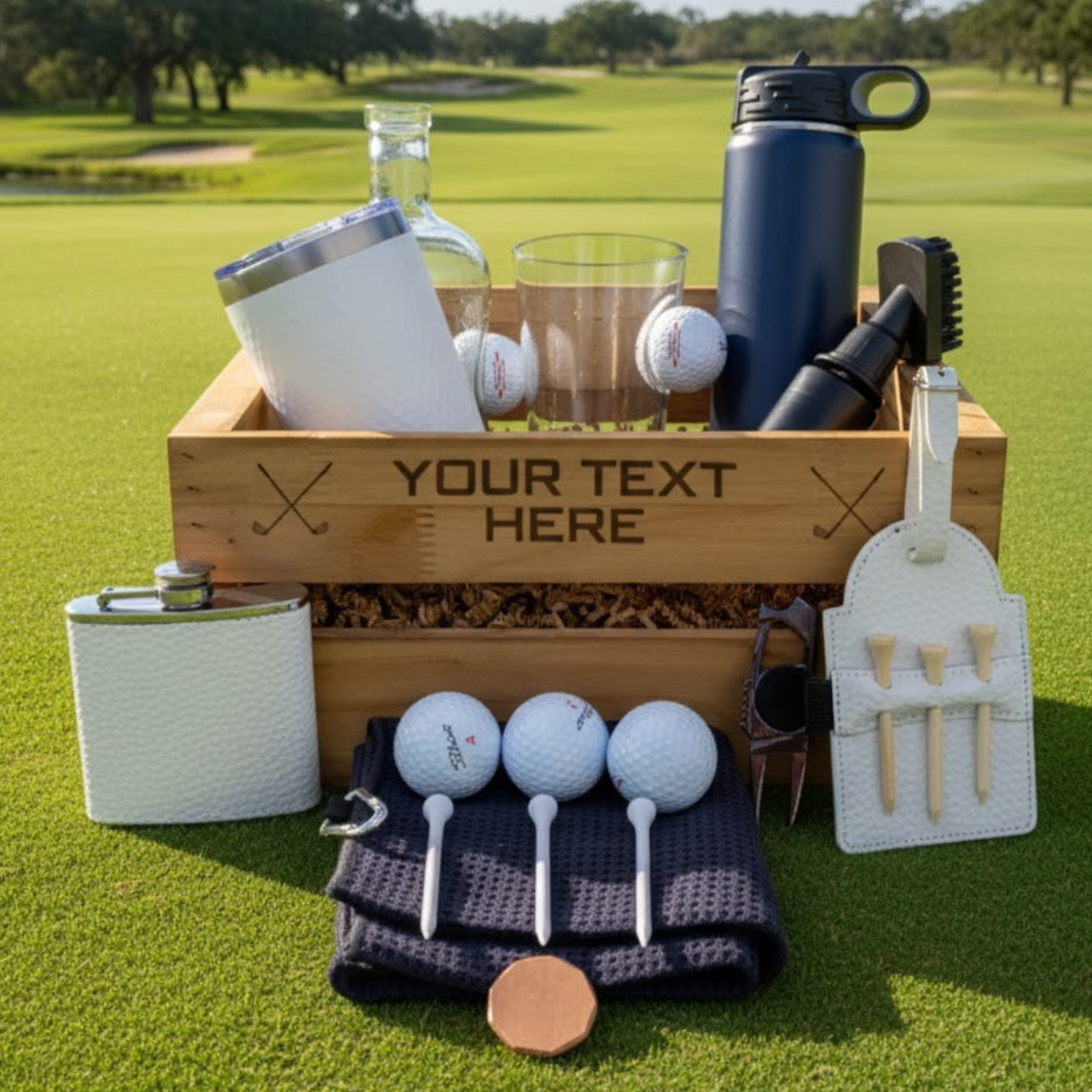 Golf-themed gift set with personalized wooden crate on a golf course