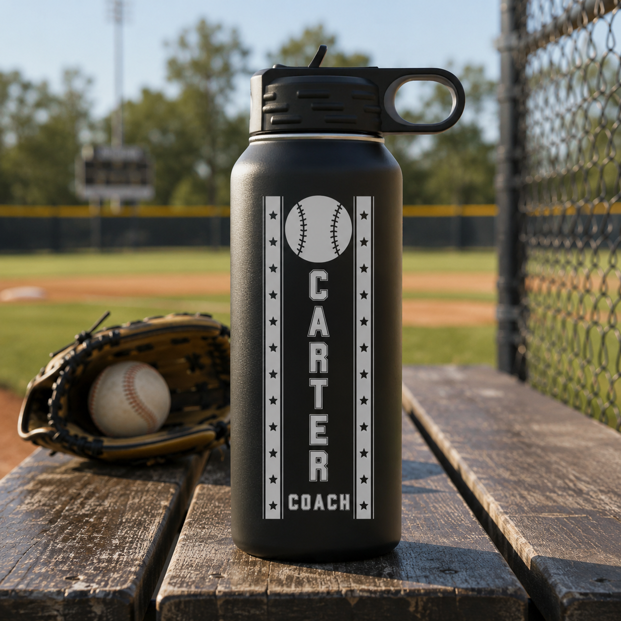 Personalized baseball groomsman water bottle engraved with the groomsman's name, a baseball groomsmen gift