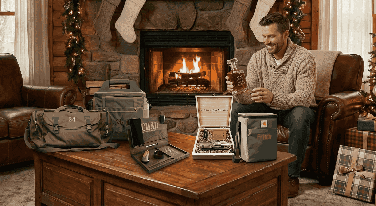 Man sitting in a cozy living room with Christmas decorations, including a tree and stockings. Christmas Gifts for Men