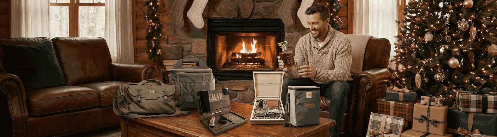 Man sitting in a cozy living room with Christmas decorations, including a tree and stockings. Christmas Gifts for Men