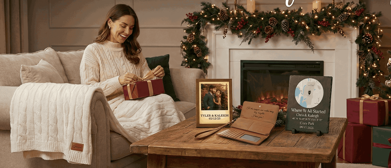 Woman sitting on a couch with Christmas gifts and decorations, including a tree and fireplace. Christmas Gifts for Women