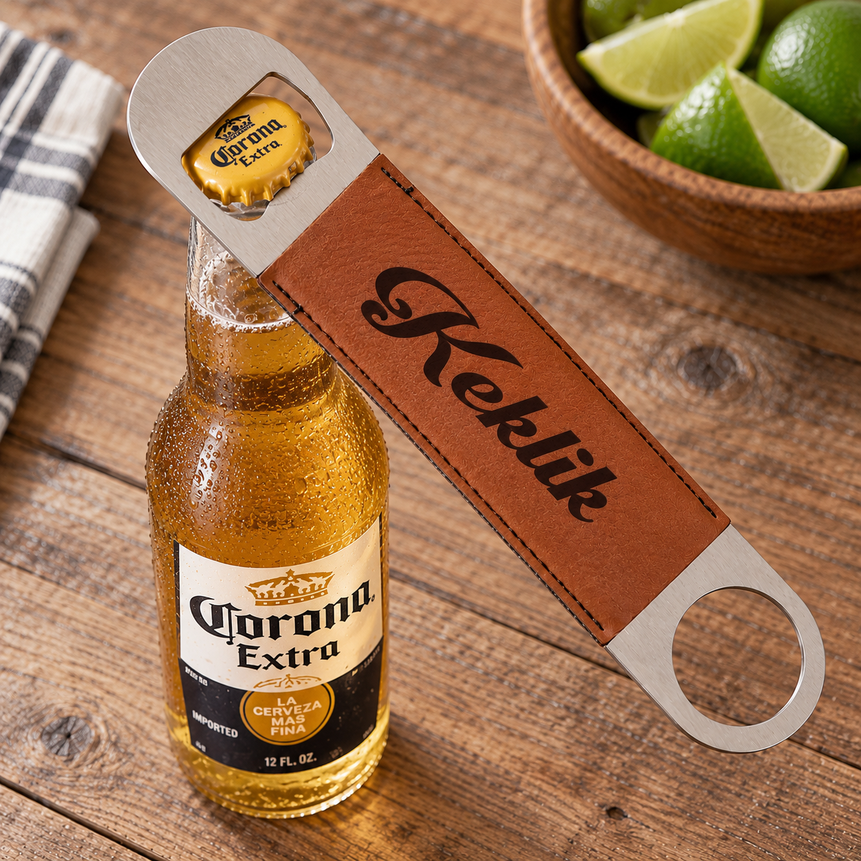 A personalized stainless steel bottle opener with a brown leather strap, featuring the name 'Keklik' engraved in black script. The opener is shown resting on top of a cold Corona Extra beer bottle on a rustic wooden table, with a bowl of limes in the background.