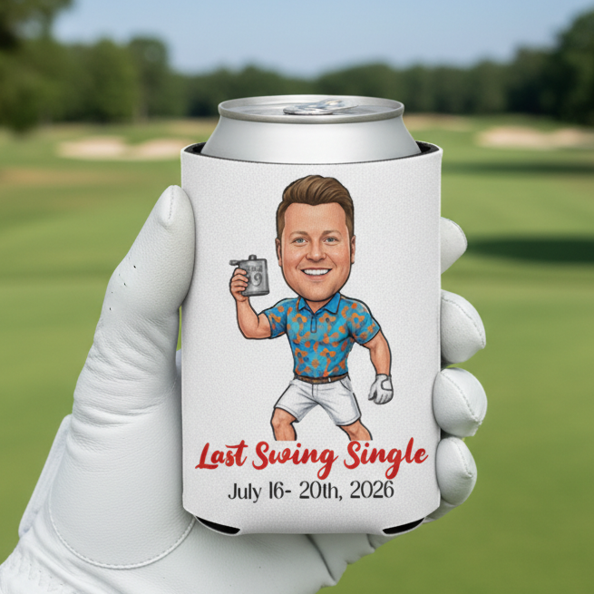 Hand holding a can cooler with a golf-themed design on a golf course.