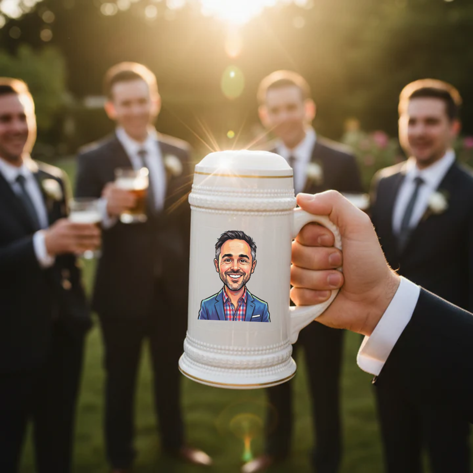 Ceramic beer stein with custom caricature portrait of a man in blue blazer, held by hand at outdoor wedding reception with groomsmen in background.