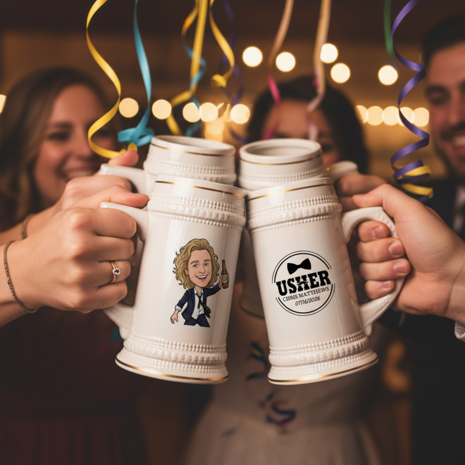 Two white ceramic steins with gold trim held by people at a celebratory gathering, one customized with a cartoon character and the other with "USHER CHRIS NAT FELLOWS 07/14/2026" circular badge design