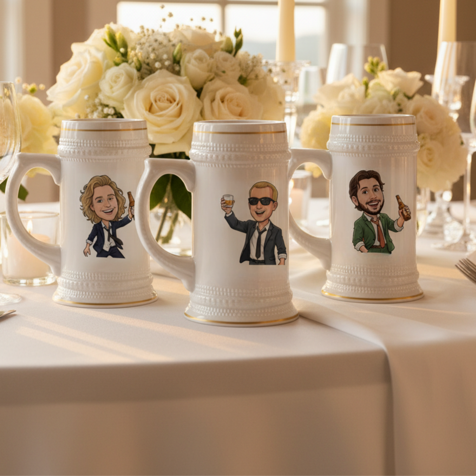 Three white ceramic steins with gold-rimmed tops displayed on a table, each personalized with sample cartoon character illustrations of men in different outfits and poses