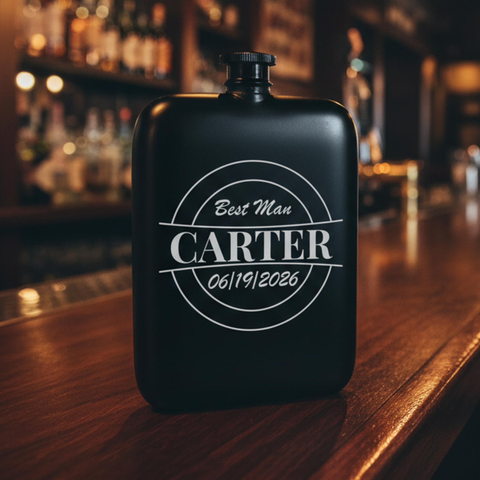 Black stainless steel flask engraved with sample design "Best Man CARTER" and date "06/19/2026" in circular badge motif, displayed on wooden bar surface