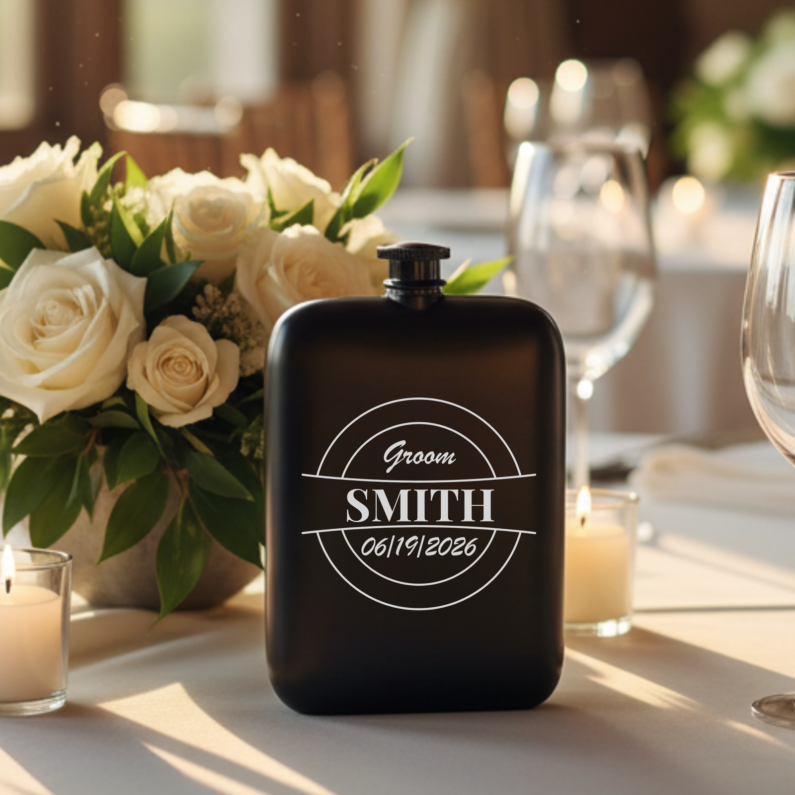Black stainless steel flask engraved with sample design "Groom SMITH" and date "06/19/2026" in circular badge motif, displayed on wedding reception table with white roses and candles.
