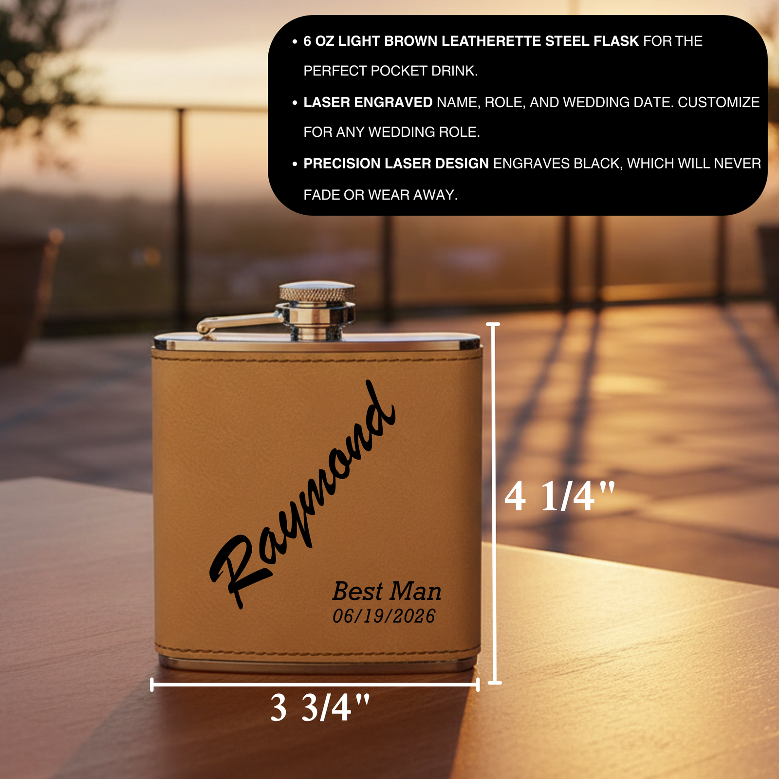 Light brown leatherette flask laser-engraved with sample personalization reading "Raymaad" and "Best Man 06/19/2026" in black script and text.