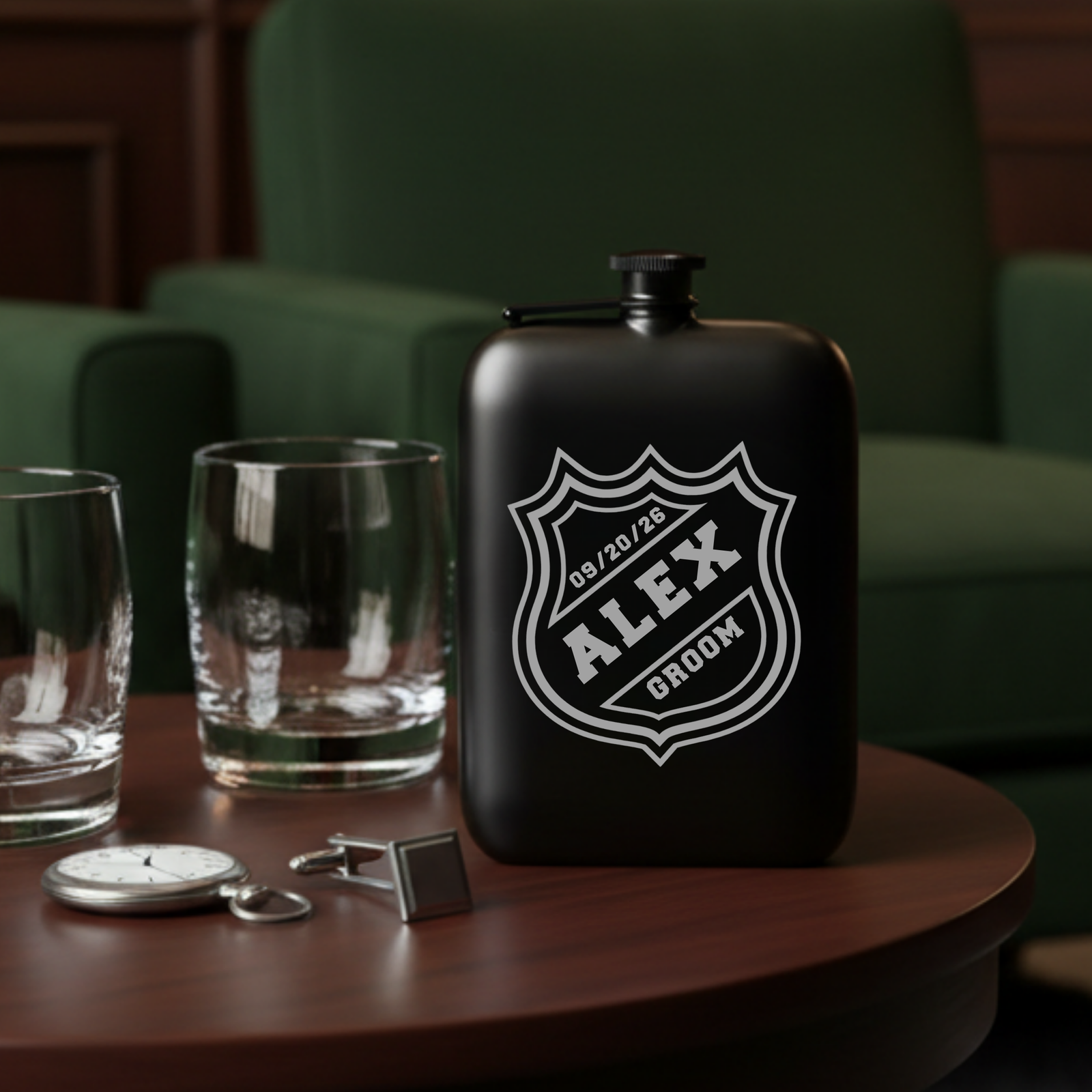 Black stainless steel flask with laser-engraved hockey crest design showing sample personalization "ALEX" and "GROOM" with wedding date "09/20/28", displayed on wooden table with whiskey glasses and cufflinks.
