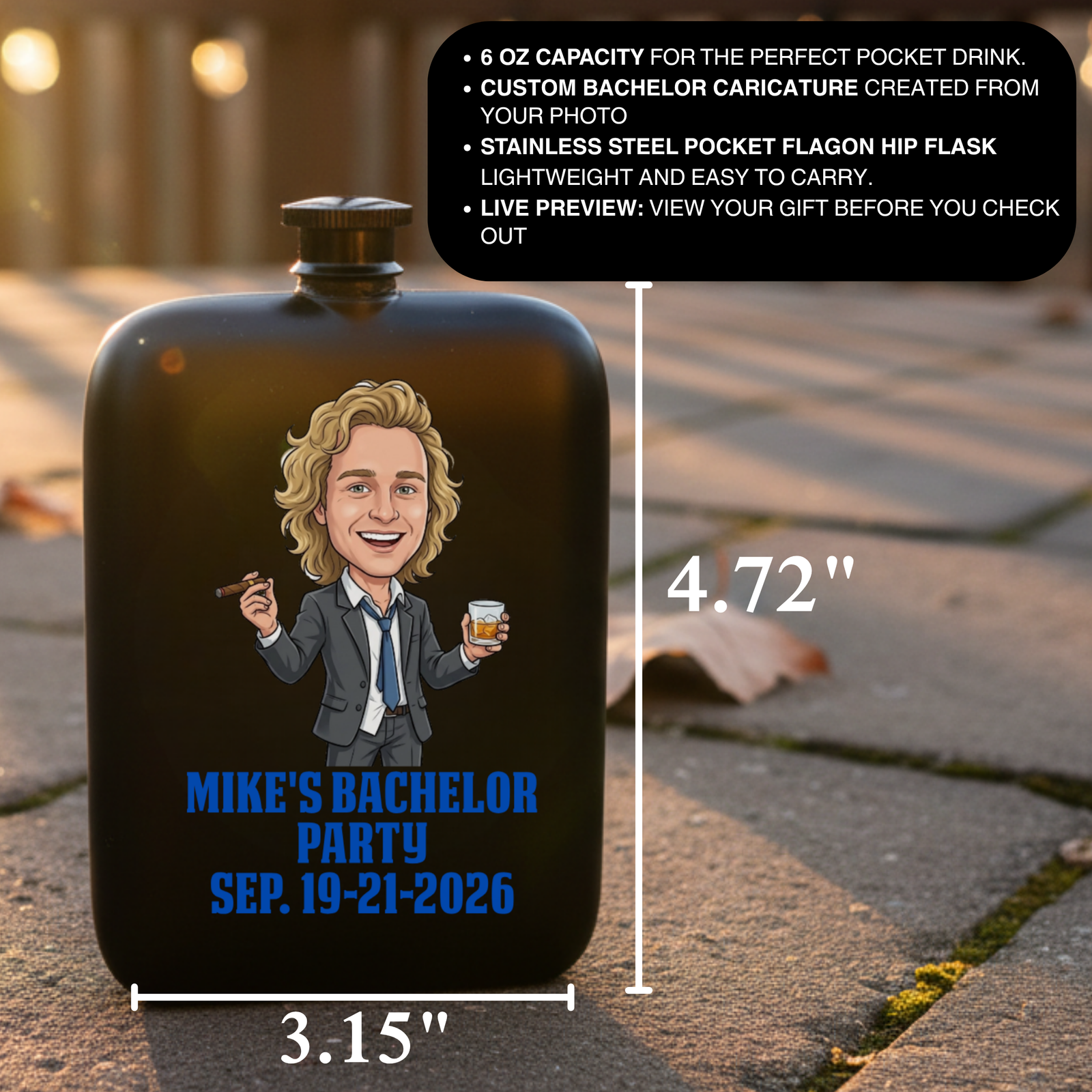 Black stainless steel hip flask with custom caricature illustration of man in suit holding cigar and whiskey glass, personalized with sample text "MIKE'S BACHELOR PARTY SEP. 19-21-2026