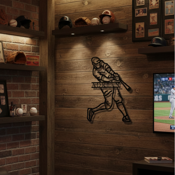 Metal baseball batter sign mounted on wooden wall, customized with sample name "Adrian" below the swinging figure silhouette.