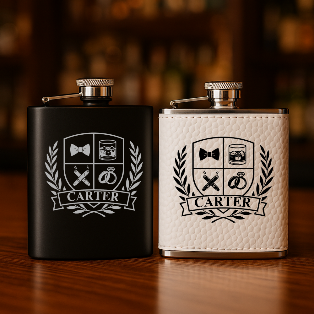 Personalized groomsmen flasks in black and white with custom wedding crest