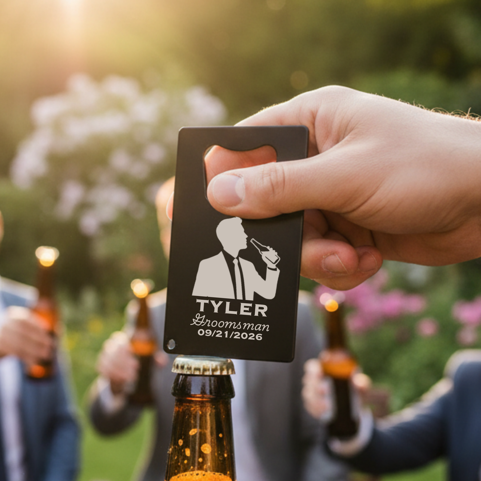 Black stainless steel bottle opener card held in hand, laser-engraved with silhouette of man in tuxedo and personalized text "TYLER Groomsman 09/21/2026