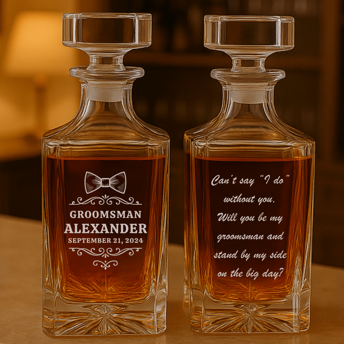 Personalized groomsman whiskey decanter with custom name, wedding date, and proposal message